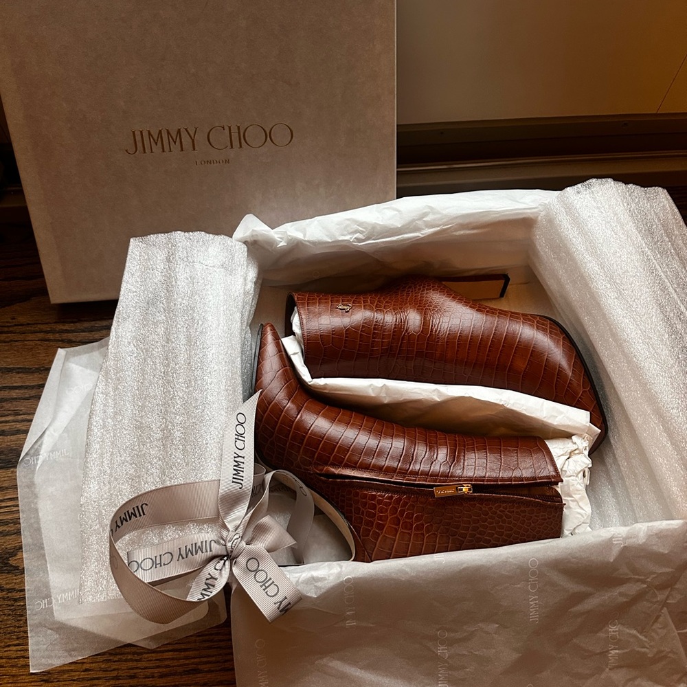 ❌SOLD❌ Jimmy Choo Brown Tan Croc Embossed Heeled Boots size 36.5 - Picture 15 of 15